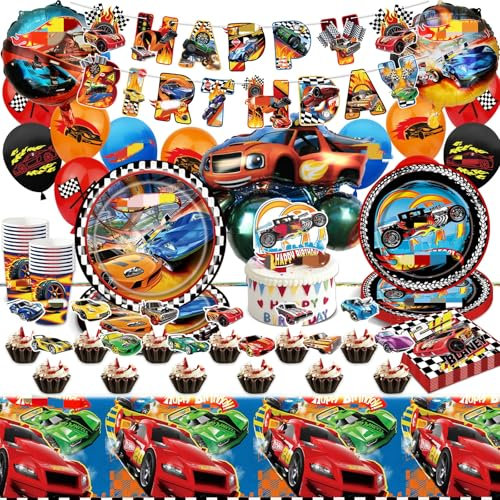 Geburtstag Party Geschirr Deko Rennauto- 99Pcs Car Ballons Pappteller Tischdecke Banner Geburtstags Birthday Foilballons Cake Topper Tableware Supplies Servietten Tassen Kindergeburtstag Junge Mädchen