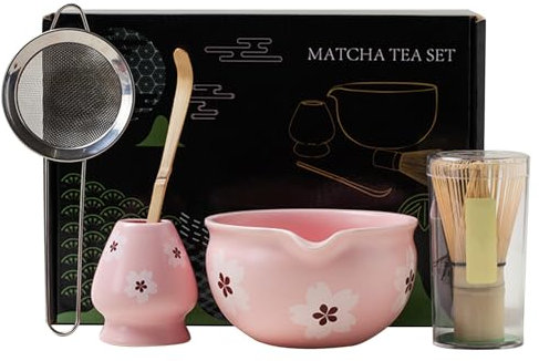 Set of 5 Matcha Tea Set with Whisk and Bowl, Matcha Whisk Ceramic Whisk Holder, Matcha Tea Kit for Tea Lovers(Pink-White)
