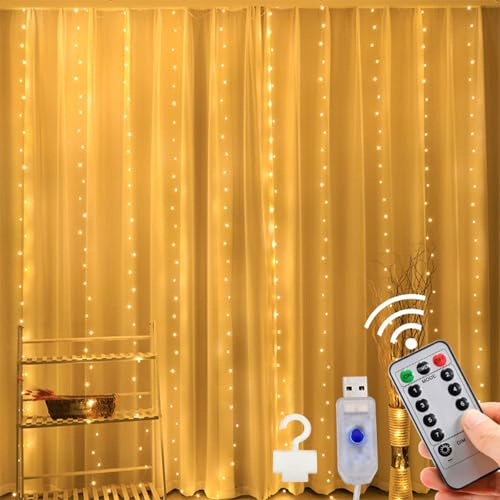 KOBOKO 300LED USB Lichtervorhang Innen Warmweiß,3m x 3m Lichterketten Vorhang,8 Modi Led Vorhang,Lichterkette Vorhang mit Fernbedienung,Lichterkettenvorhang für Weihnachte,Schlafzimmer,Garten,Hochzeit