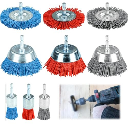 GOMETY 9 Stück Nylondraht Topfbürste Set, Drahtbürsten Nylonbürste mit Sechskant Schaft 1/4“ (6,35 mm) 1/4 Zoll, 3 Größen Nylon Bohrbürstenset zur Entfernung Schleifbürstenset von Rost und Korrosion