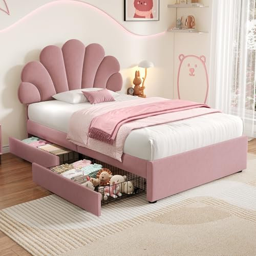 3ft Single Upholstered Platform Bed Frame with Adjustable Petal Headboard & 2 Storage Drawers/Velvet Fabric/Sturdy Wooden Slat Support/No Box Spring Needed, Youth Bed for Adults Kids Teenagers, Pink