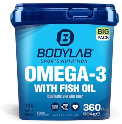 Bodylab24 BIG PACK Omega-3 Kapseln 360 Stück, mit 360mg Eicosapentaensäure (EPA) und 240mg Docosahexaensäure (DHA), mit wertvollen Fettsäuren als Triglyceride zur Anreicherung der täglichen Ernährung