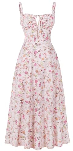 IBAKOM Abito estivo da donna con spalline in stile spagnolo, abito da primavera bohemien, abito anteriore forchetta swing midi, gonna da festa per feste in spiaggia