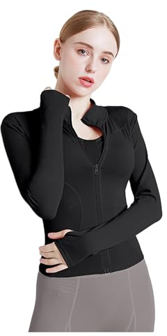 Zeagoo Sportjacke Damen Slim Fit Laufjacke Fitnessjacke Langarm Leicht Trainingsjacke mit Daumenloch Reißverschluss Stehkragen Atmungsaktiv Schnelltrocknend Yoga Jogging Sport Oberteil