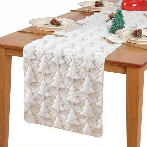Weihnachten Tischläufer Weiß Pailletten Weihnachtsbaum Tischläufer Abwaschbar für Hochzeit Geburtstag Party Winter Küche Tisch Weihnachtsdeko (35x180cm)