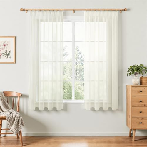 MRTREES Gardinen mit Kräuselband Vorhang Creme Stores 2er Set 145 cm Lang 140 cm Breit, Gardinen Creme Kurz Transparent Modern für Wohnzimmer Fenster Gardine Schlafzimmer Elegant