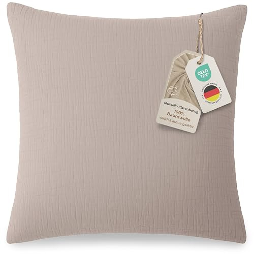LAYNENBURG Musselin Kissenbezug 80x80 cm - Oeko-Tex – 100% Baumwolle – atmungsaktiv & bügelfrei – 3 lagiges Musselin mit Reißverschluss & Haltebändern (Taupe)