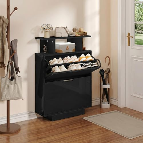 YITAHOME Schuhschrank Schmal Hochglanz, Schuhkipper mit 2 Klappen,80 x 24 x 106 cm Schuhregal Schmal, Schuhschrank Schwarz für den Eingang, Flur, Wohnzimmer, unterschiedliche Fachhöhen (37/43 cm)