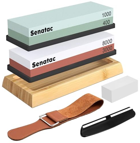 Senatac Knife Sharpening Stone Kit - Whetstone 400/1000 3000/8000 Grit Sharpening Stone Set Dual Sided Knife Sharpener Premium Wet Stone with Non-Slip Base Angle Guide Bamboo Base Leather Strop