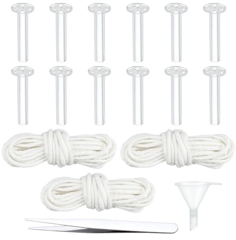 WEBEEDY Glass Tube Holder Wick Replacement Oil Lamp Wicks with 12 PCS Glass Tube Holder, 3m Cotton Torch Wicks,Oiling Funnel and Tweezer for Small Candle Lamps Alcohol DIY Oil Lamps Burner