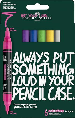 FABER-CASTELL - Multimark Acrylic Marker Set, 6 Farben | 6 Acrylmarker mit Doppelspitze, wasserfest und schnelltrocknend