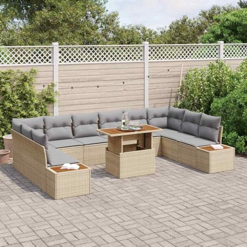 QUAHEAS Modulares Garten-Sofa-Set mit Stauraum, 11-teilig, Beige Poly Rattan, für Terrasse und Balkon, wetterfest, für 10 Personen
