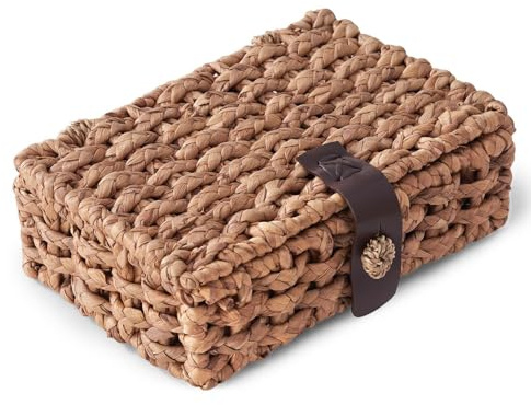 Aufbewahrungskorb mit Deckel, Rattan Korb, Wasserhyazinthe geflochtene Dekobox für Regal, Couchtisch, Konsolentisch, Wohnkultur (Groß)