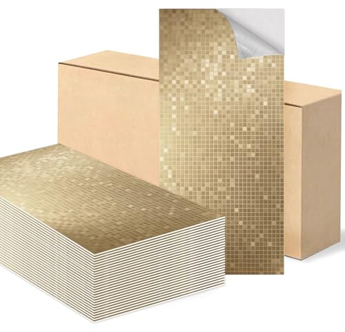 Swehooirt 60x30cm 10Pcs Peel and Stick Backsplash Mosaic Tile Stickers Thicken Imitation Stainless Steel Metal Kitchen Backsplash Stick on Tiles for Stove, Bathroom, Laundry in Champagne Gold