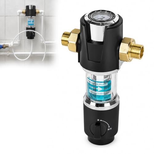 Rückspülfilter, 3/4 mit Druckregler Wasserfilter, Brauchwasserfilter | Wasserfilter für Ihren Hausanschluss, 40µm Filtergenauigkeit, Vorfiltrationsgerät