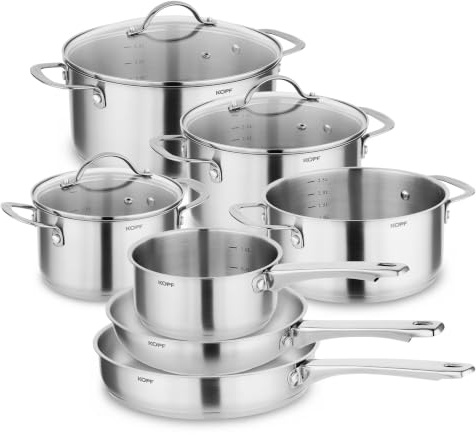 KOPF Topfset Induktion Clara 10-teiliges Kochtopf Set mit Edelstahl Töpfe | Backofen & Spülmaschinen geeignet | Für alle Herdarten | 4 Kochtöpfe, 2 Pfannen, 1 Stielkasserolle, 3 Glasdeckel | Literskala