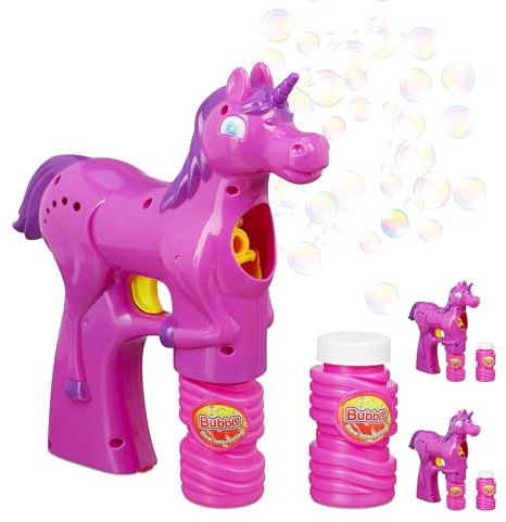 Relaxdays 3 x Einhorn Seifenblasenpistole, LED, batteriebetrieben, inkl. 6X Seifenblasen Flüssigkeit, Kinder & Erwachsene, pink