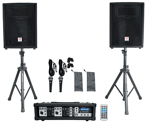Rockville RPG2X10 V2 10 in Package PA System 200W RMS / 800W Peak, 4-Channel Powered Mixer with Bluetooth, 2 Speakers, 2 Stands, 2 RMM-XLR Mics, USB SD MP3, for DJ Karaoke Events
