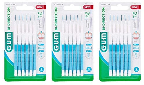 GUM Bi-Direction - Cepillos interdentales (0,9 mm, color azul, 3 paquetes de 6 unidades)