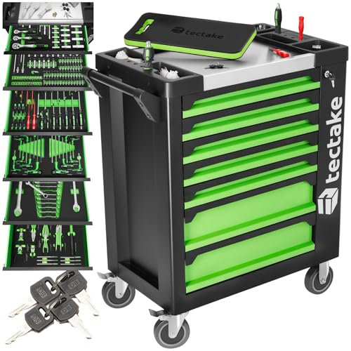 TecTake® Servante d'atelier complète avec Outils 1599 Pièces, Trolley Professionnel Metallique en Acier Résistant, Chariot a Roulette avec Planche à Genoux Rangement Atelier Garage Bricolage