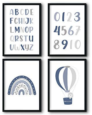 bilderreich 4er Set Poster Kinderzimmer Set Deko Bilder Babyzimmer Junge Mädchen | Kinder Bild für die Wand | ohne Rahmen | 4X DIN A3 |Alphabet Zahlen Regenbogen Ballon Blau