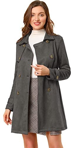 Allegra K Women's Notched Lapel Double Breasted Faux Suede Trench Coat Jacket with Belt Dark Gray XL