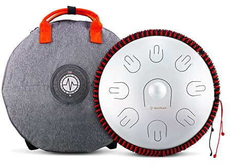 BeatRise Handpantrommel D-Moll 9 Töne 14 Handpan Stahl Zungentrommel mit Tragetasche und Schlägeln (Silber)