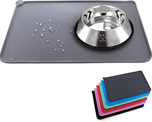 Dog & Cat Food Mat - Non Slip, Waterproof, Silicone Mat with Bowls (47x30cm, Grey)