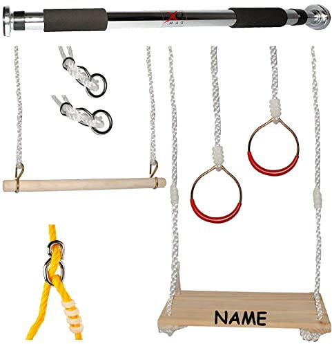 alles-meine.de GmbH 7 TLG. Turnschaukel Set Schaukel aus Holz & Ringe & Trapez & 2 Seile & Türreck - incl. Name/Kinderschaukel - Höhen verstellbar - Turngeräte - Holzschaukel..