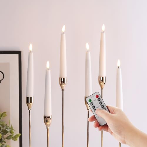 Eywamage White Short Flameless LED Taper Candles with Remote, 7 inch Flickering Real Wax Battery Candlesticks Set of 6