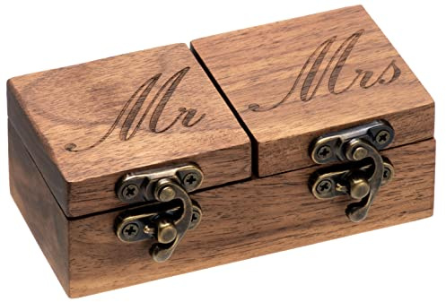 COSISO Mr & Mrs. Vintage-Schmuckkästchen aus Holz für Trauringe oder Verlobungsringe (innen schwarz)
