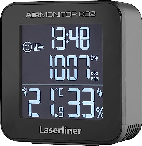 Laserliner CO2 Melder, Luftqualität Messgerät für Kohlendioxid, Innenraum Air Monitor mit Lüftungsempfehlung, Alarm, Temperatur und Luftfeuchtigkeit