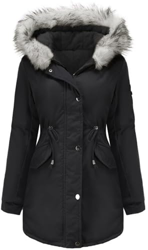 Vancavoo Giubbotto Donna Invernale Cappotto Parka Caldo con Cappuccio | Foderato in Pile con Coulisse in Vita, Tasche Oblique, Zip e Bottoni Automatici e Spacco Posteriore