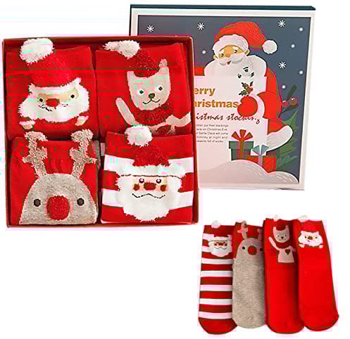 4 Paar Unisex Weihnachtssocken, Weihnachtsmotiv Weihnachten Festlicher Baumwolle Socken, Weihnachtssocken, Baumwolle Geschenke für Frauen Mama Freundin Frau Mutter(Mit weihnachtlicher Geschenkbox)