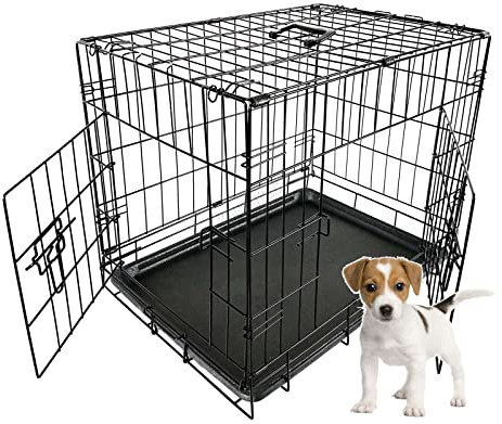 FoxHunter 24 24 Inch Pet Dog Puppy Cat Training Cage Crate Carrier Metal Folding With TWO Doors and Tray Small Black New FH-PT02