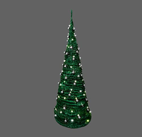 5Ft/150cm Prelit Pre Decorated Pop up Christmas Tree Xmas Home Indoor LED Warm White Lights Silver Baubles Decorations Battery Operated
