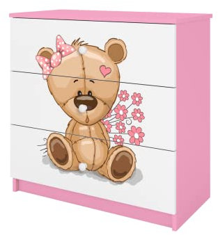 Générique Commode BABYDREAM - Ours et Fleurs - en Panneaux de Particules 81x41x80,5 cm, 3 tiroirs, Couleur Rose Poudré