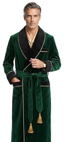 Smoking Jacket Green Long Velvet Gown for Men English Vintage Gentleman Belted Robes