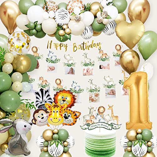 1 Geburtstag Junge Mädchen, Dschungel Geburtstagsdeko 1 Jahr Junge Mädchen mit Fotobanner, Jungle Balloon, Safari Deko 1. geburtstag Junge Mädchen Deko Wild One Geburtstag Deko