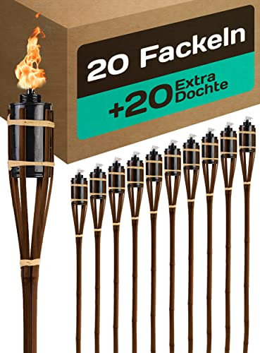 Praknu 20 Gartenfackeln für Draußen aus Bambus Holz Braun - Lange Brenndauer - Nachfüllbar - Ink. 20 extra Dochten - 90cm