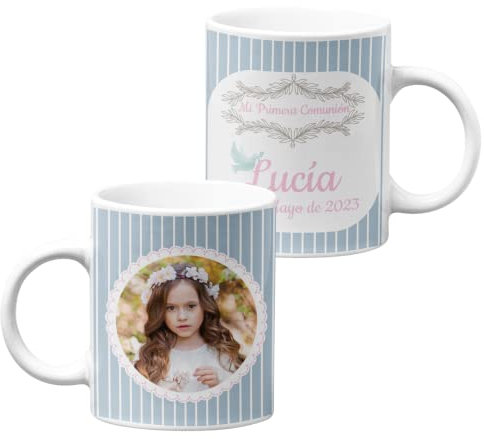 Worfull Regalos Taza comunión personalizada con foto - mi primera comunión - niño - niña - con nombre y foto - detall original (CELESTE)