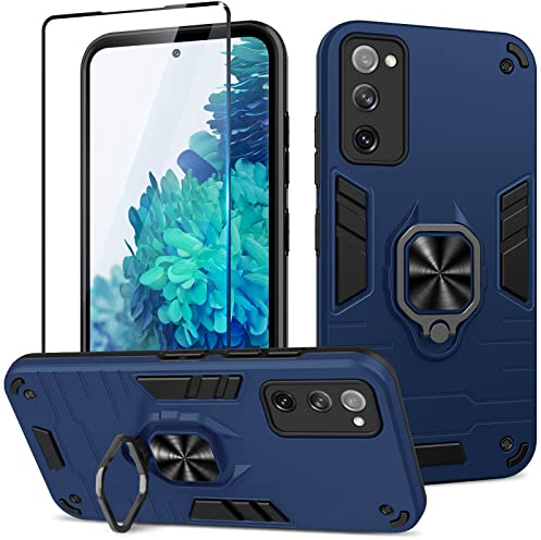 Btstring Funda para Samsung Galaxy S20 FE con Cristal Templado Protector Pantalla, Carcasa Antigolpes con Soporte anular metálico, Case Protectora de Grado Militar, Azul
