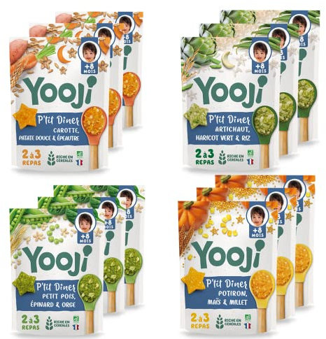 Yooji - P'tit dîner dès 8 mois - 36 repas du soir bio aux légumes et céréales purée avec petits morceaux en forme d'étoile pour bébé