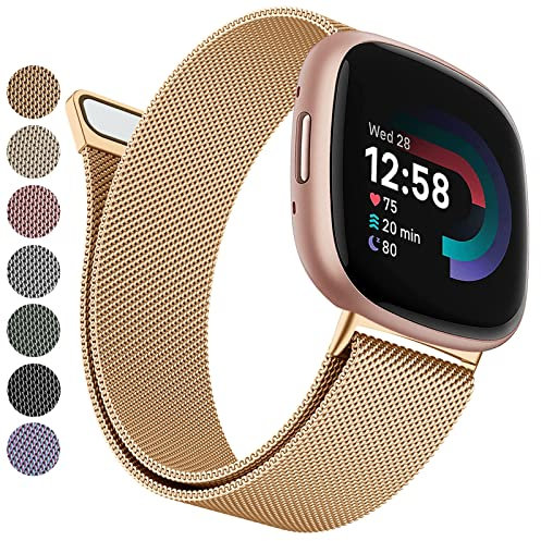 Vancle Strap compatible with Fitbit Versa 3 Straps/Versa 4 Strap/Fitbit Sense/Sense 2 for Women, Breathable Stainless Steel Mesh Loop Adjustable Wristband Replacement Metal (Rose Gold,Small)