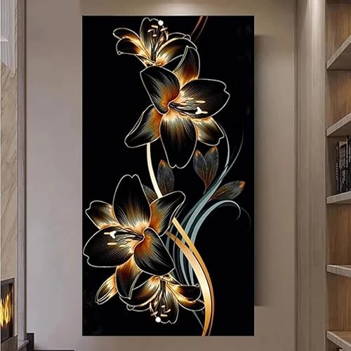 Diamond Painting Enfant 5D Square Drill Broderie Diamant Kit Complet Peinture Diamant par Numéro DIY Fleurs de Lys Or et Noir Grand Format Mosaã¯que Tableau Adulte pour Décoration Murale 30x60cm