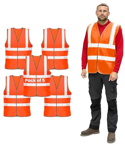 Vasego - 5 Pack of Plain Hi Visibility Reflective Safety Vest for Men & Women Fluorescent Waistcoat for Outdoor Running Walking Motor Bicycle Drivers -Class 2 (Plain Vest, Orange, S)