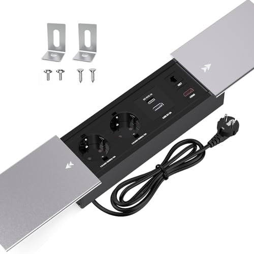 CHENGPI Enchufe de Escritorio, Enchufe Integrado con 2 Enchufes, 1 USB, 1 PD18W Type C, Enchufe Integrado de Escritorio de Aluminio para Oficina de Cocina de Escritorio, Cable de 1,8m
