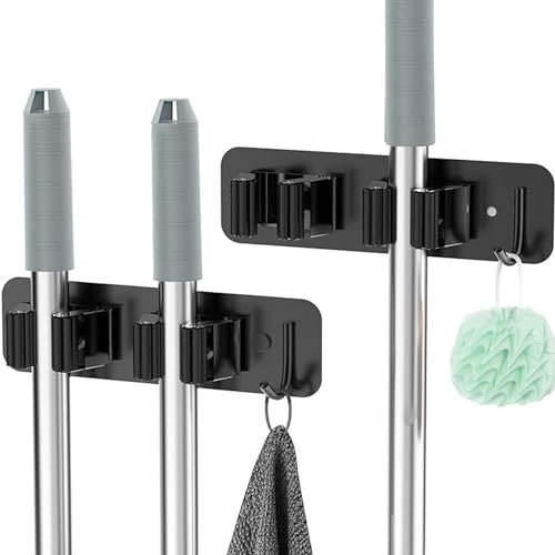 Saviluk 2 Stück Besenhalterung Wand, Gerätehalter Besenhalter, Gartengerätehalter Wandhalterung Edelstahl Besen Mop Halter Selbstklebend Werkzeughalter Organizer mit 2 Halter und 1 Haken