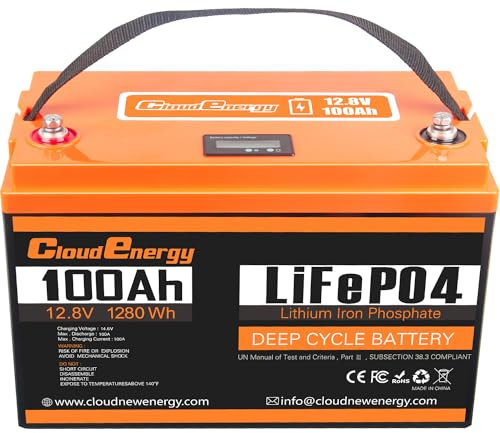 Batterie au Lithium Cloudenergy 12,8V 100Ah LiFePO4, 1280Wh avec BMS 100A. 6000+ Cycles, Commutation série/parallèle supportée. Idéal pour Les Camping-Cars, Les Bateaux, Le Camping. (CL12V-100AH)…