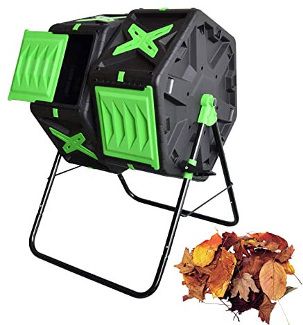 Lnlscle 140L Garden Composter, 360° Rotating Tumbling Compost Bin, Outdoor Dual Chamber Large Compost Box with Sliding Doors & Solid Steel Frame Waste Bin